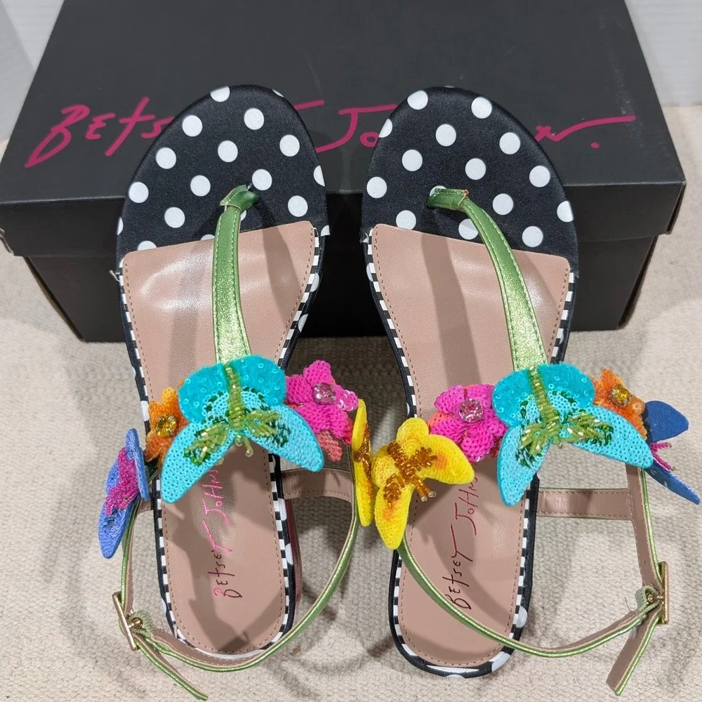 Betsey Johnson Halie Butterfly Floral Polka Dot Sandals Black Multi Size 7 NIB